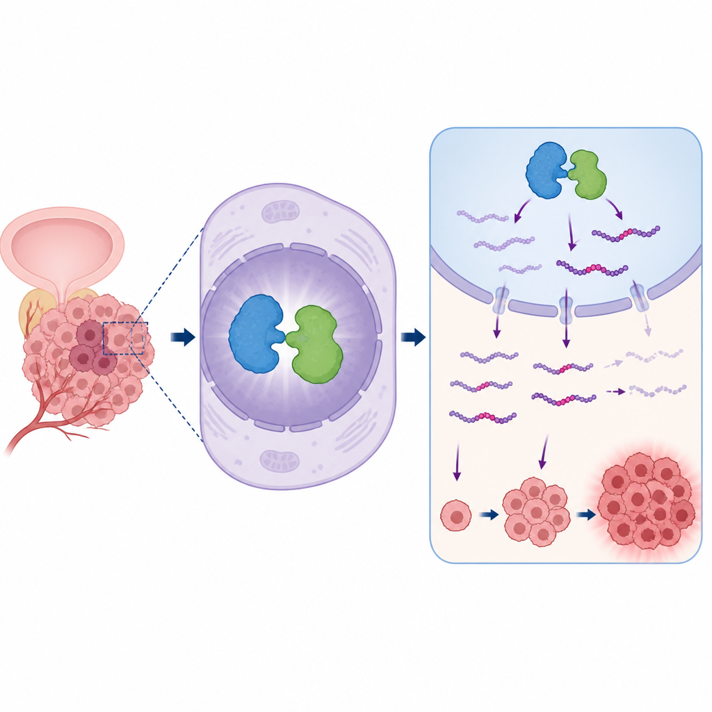 Figure 1. كيف يعيد EZH2 ومحرّر RNA معاً تشكيل الرسائل داخل خلايا سرطان البروستاتا ويؤثران في سلوك الورم.