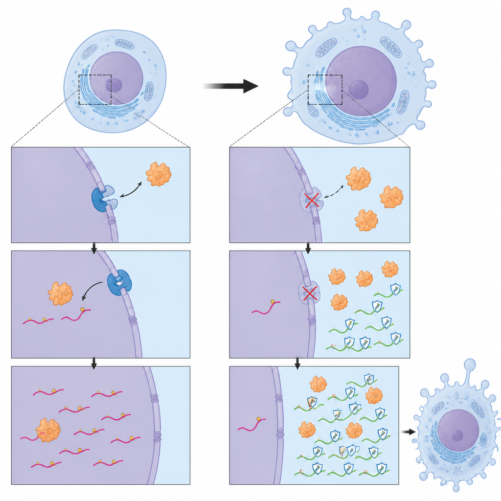 Figure 2. 輸送タンパク質の喪失がRNA編集酵素の局在を変え、核内での編集を減らす一方で細胞質でがん促進RNAを安定化させる経路。