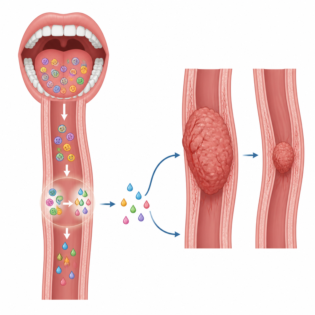 Figure 1. Mouth bacteria make a small molecule that travels down the esophagus and helps shrink cancerous growths.