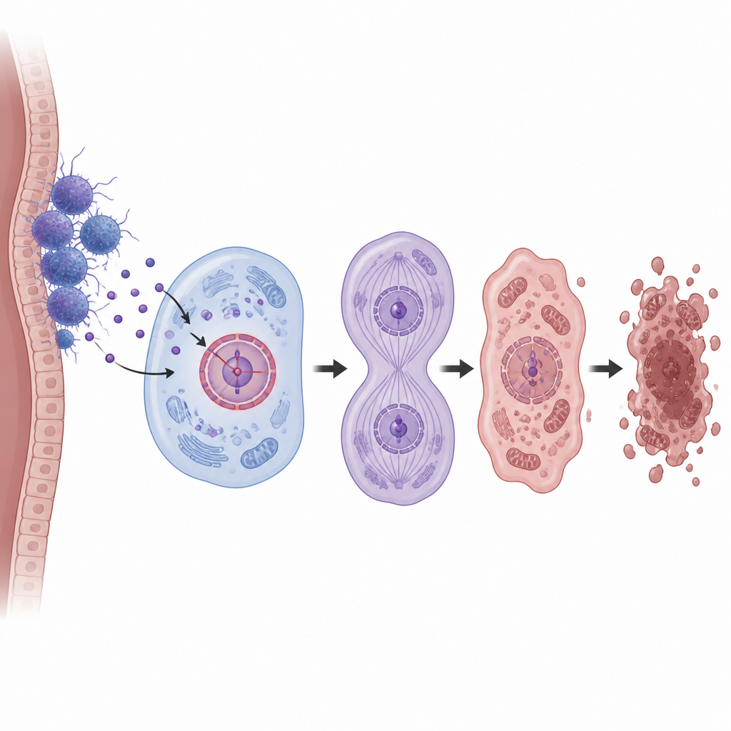 Figure 2. A bacterial molecule enters cancer cells, blocks their protein-making machinery, and drives the cells toward death.