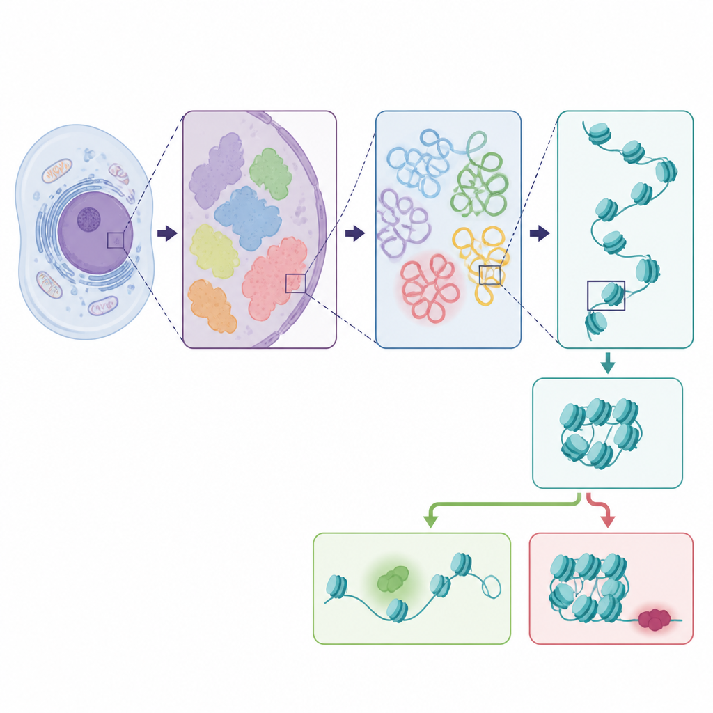 Figure 1. How tiny DNA clusters inside the nucleus act as control hubs linking genome packing to cell behavior.