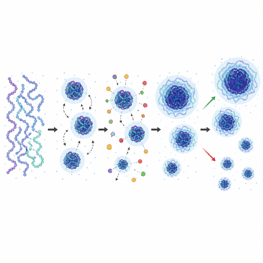 Figure 2. How diffusion, chemical tags, and forces balance to grow or shrink tiny DNA clusters that control gene access.