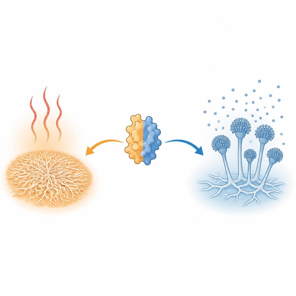 Figure 1. Come un fungo usa una proteina di riparazione modulabile per bilanciare la sopravvivenza al calore e la produzione di spore