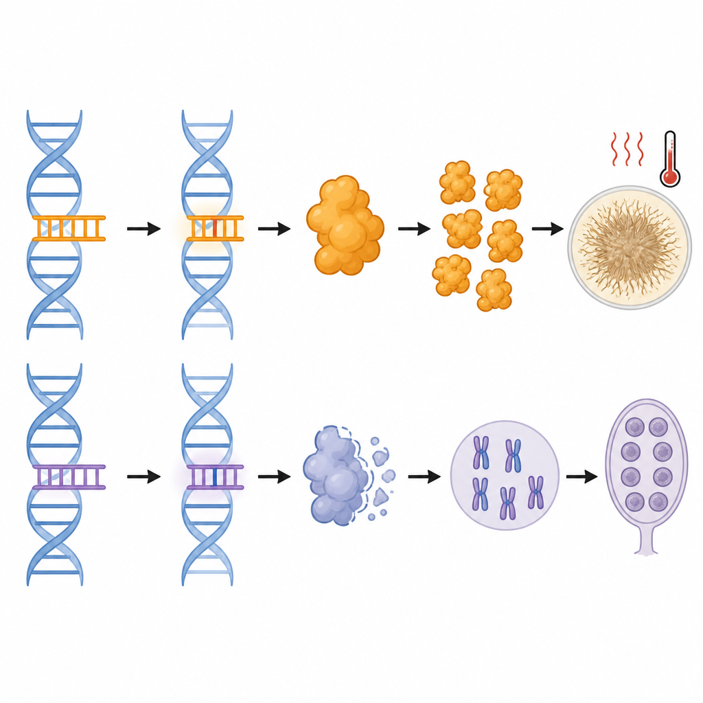Figure 2. Come una piccola modifica dell'RNA crea due forme proteiche che spostano l'equilibrio tra sopravvivenza al calore e formazione ordinata delle spore