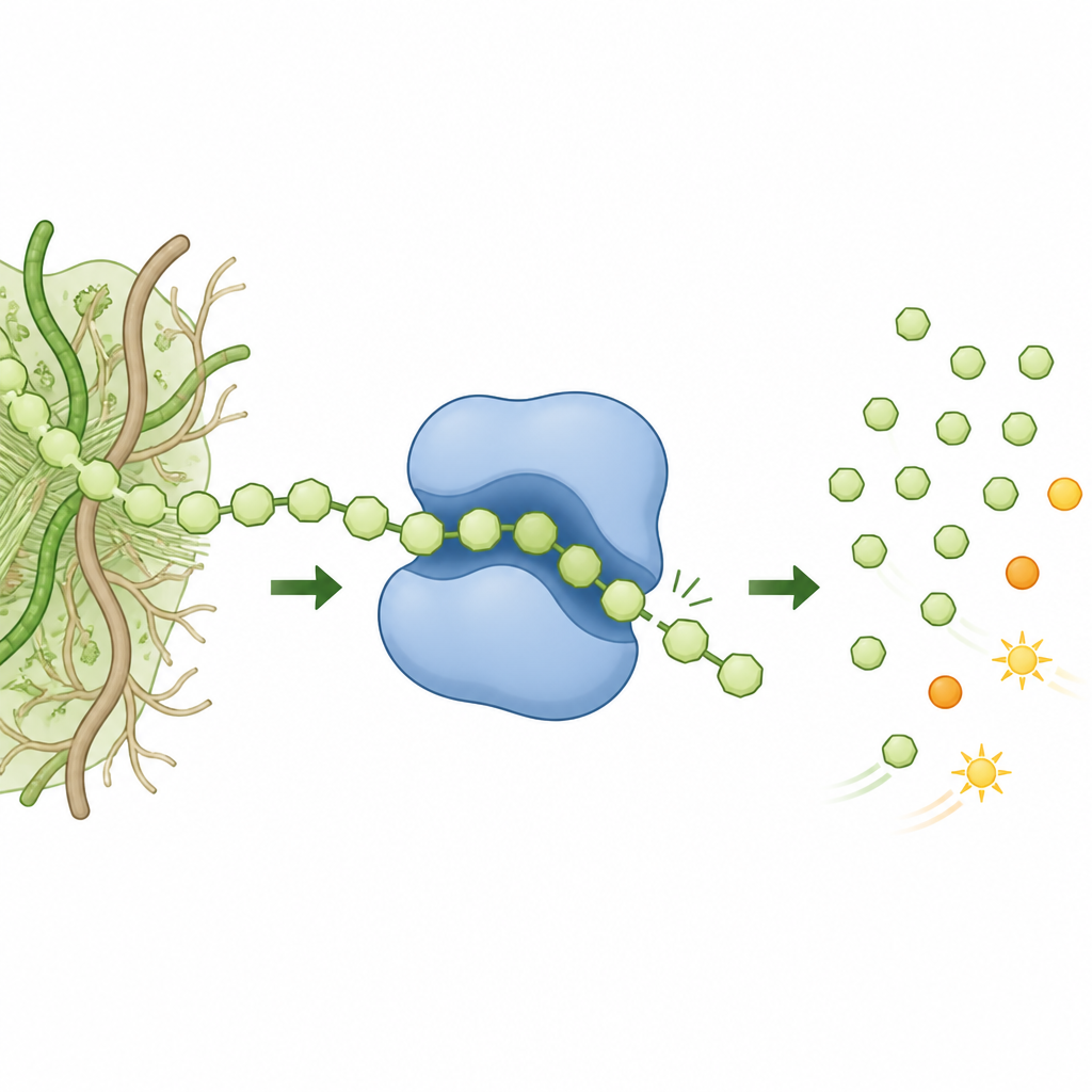 Figure 1. Mikrobielle Enzyme greifen in harte Zellwandzucker ein und wandern entlang der Kette, wobei sie gleichmäßige kleine Stücke zum Energiegewinn und zur Wiederverwendung abschneiden.
