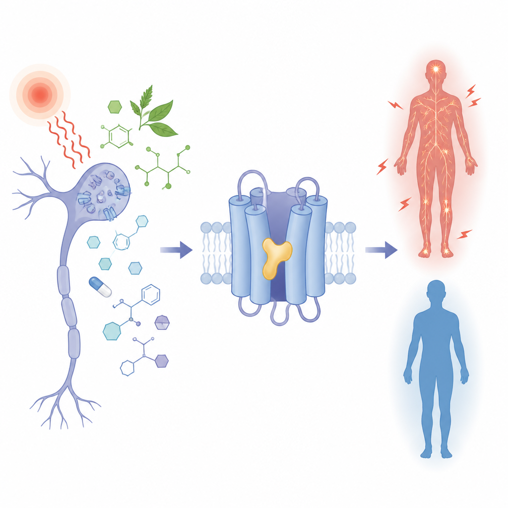 Figure 1. Come diverse piccole molecole guidano un singolo canale neuronale per aumentare o diminuire i segnali del dolore