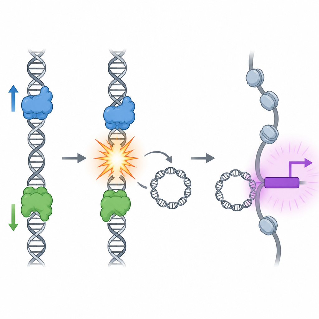Figure 2. Konflikte zwischen DNA-Replikation und Genablesung erzeugen kleine DNA-Kreise, die in der Nähe von Genen liegen und deren Aktivität erhöhen.