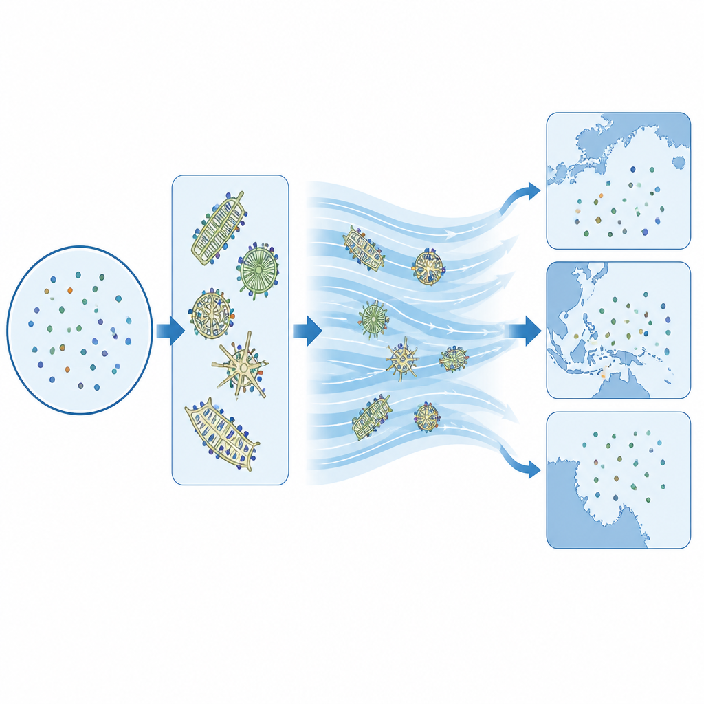 Figure 2. Schritt-für-Schritt-Darstellung, wie Vibrio an Plankton anhaften, mit Strömungen treiben und sich in neuen Regionen mit lokalen Bakterien vermischen.