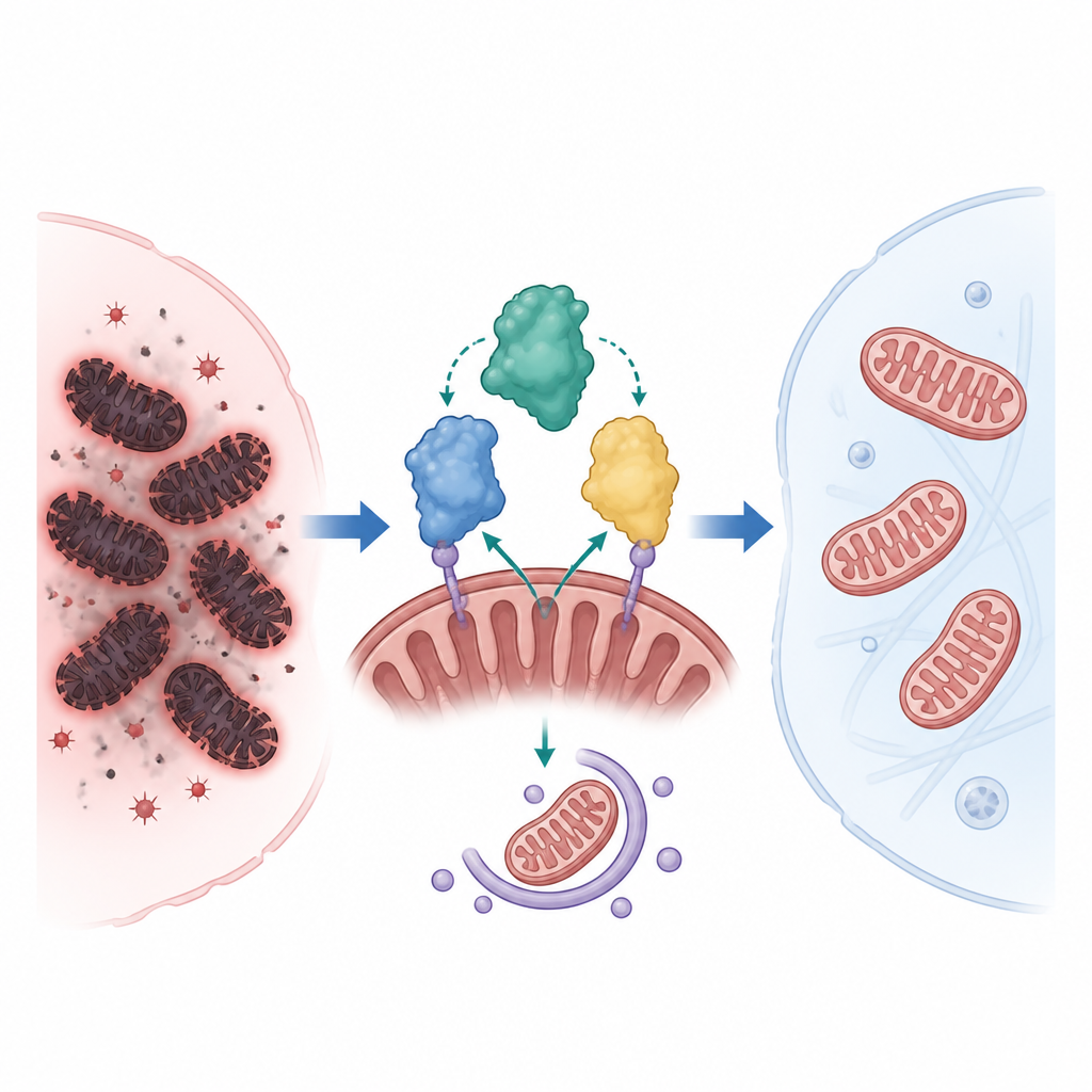 Figure 2. Inside a heart cell, a protein team marks and recycles broken mitochondria, leaving fewer but healthier power units.