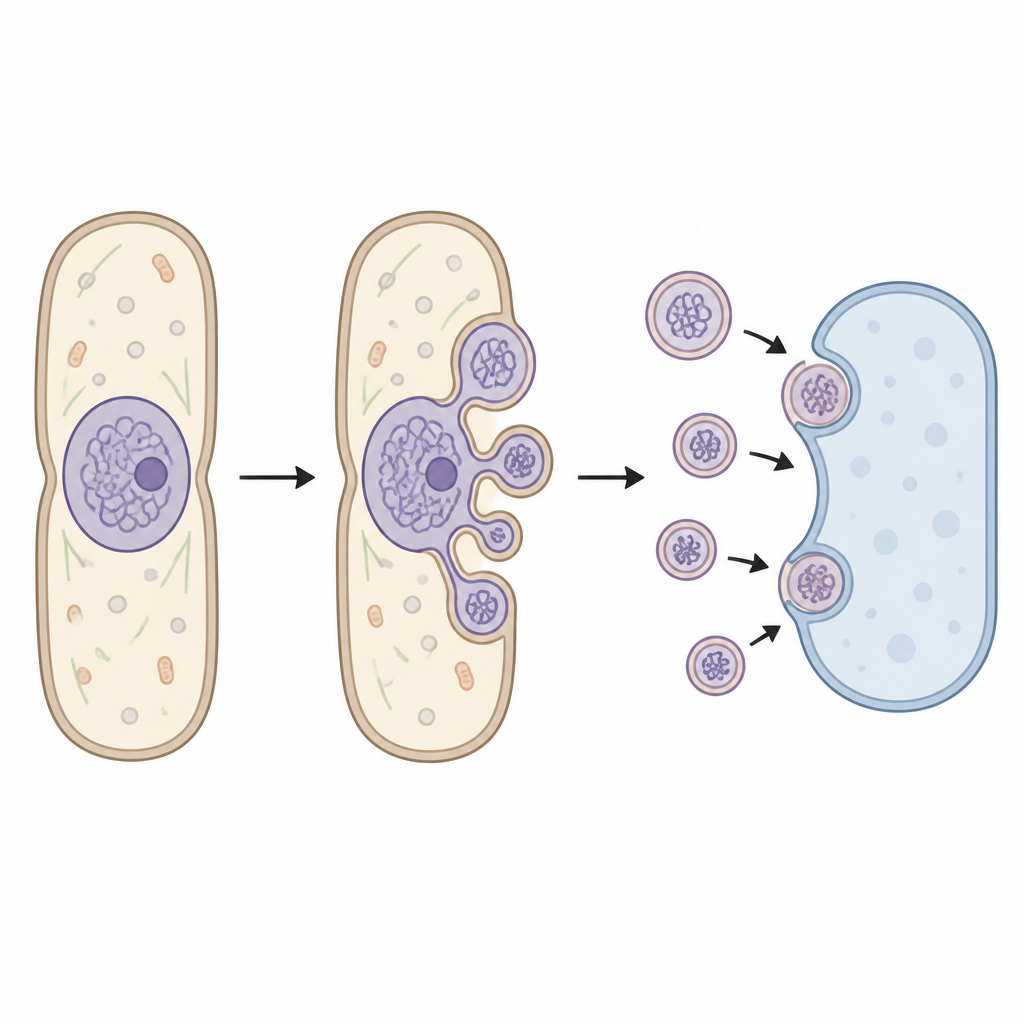 Figure 1. تشكل خلية الخميرة فقاعات نووية تنبثق لإعادة تدوير أجزاء نووية متقادمة دون الإضرار بالحمض النووي.