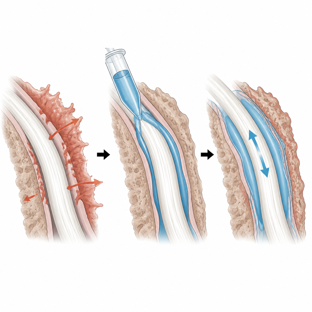 Figure 2. Eine weiche Gelschicht um eine Sehne dehnt sich mit und fließt, sodass die Sehne sich bewegen kann, während angrenzende Gewebe getrennt bleiben.
