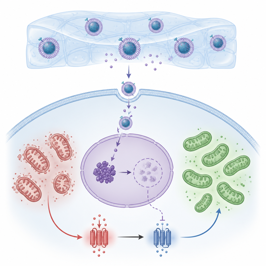 Figure 2. Cartilage-homing nanoparticles carry a degrader into cells to switch off a damaging pathway and restore cell energy balance.