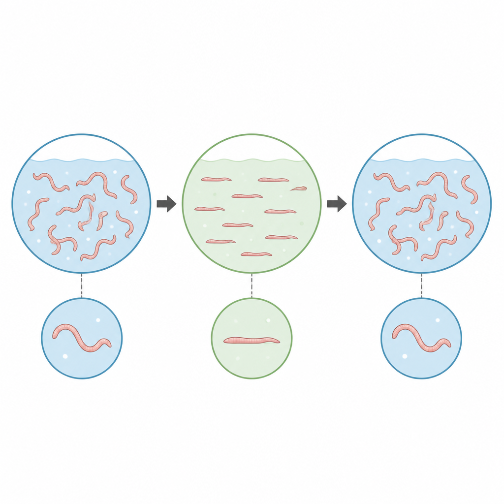 Figure 1. Скопление нематод в мягкой жидкости приостанавливает жизнь, после чего они оживают при возвращении к нормальным условиям.
