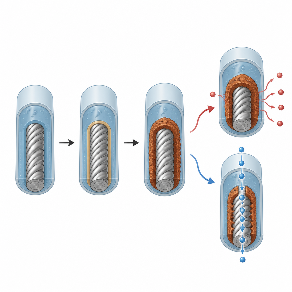 Figure 2. Cambios en la superficie de un núcleo metálico dentro de una fibra blanda que alternan entre bloquear y dejar pasar corriente