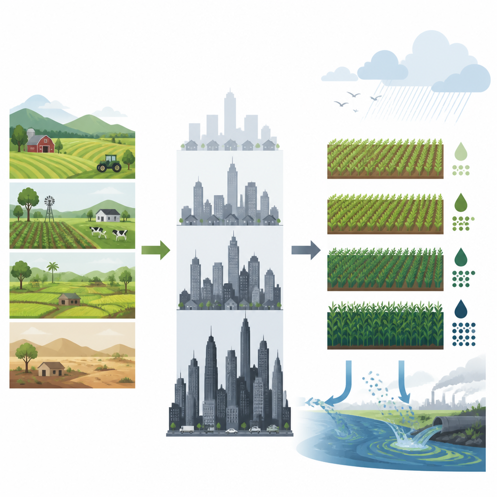 Figure 1. Wie wachsende Städte weltweit im Laufe der Zeit den Düngerbedarf, die Ernten und die Verschmutzung durch landwirtschaftliche Flächen verändern.