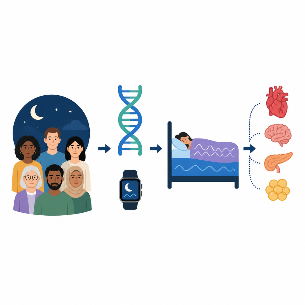Figure 1. Cómo los genes y los dispositivos ponibles revelan conjuntamente patrones en nuestro sueño nocturno y la salud.