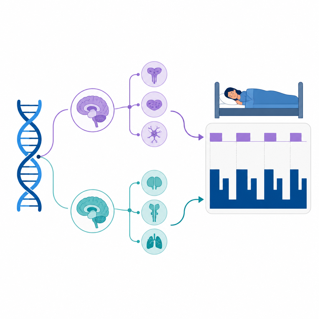 Figure 2. Cómo genes específicos dirigen el tiempo dedicado al sueño con sueños y al sueño profundo y se conectan con órganos del cuerpo y la salud.