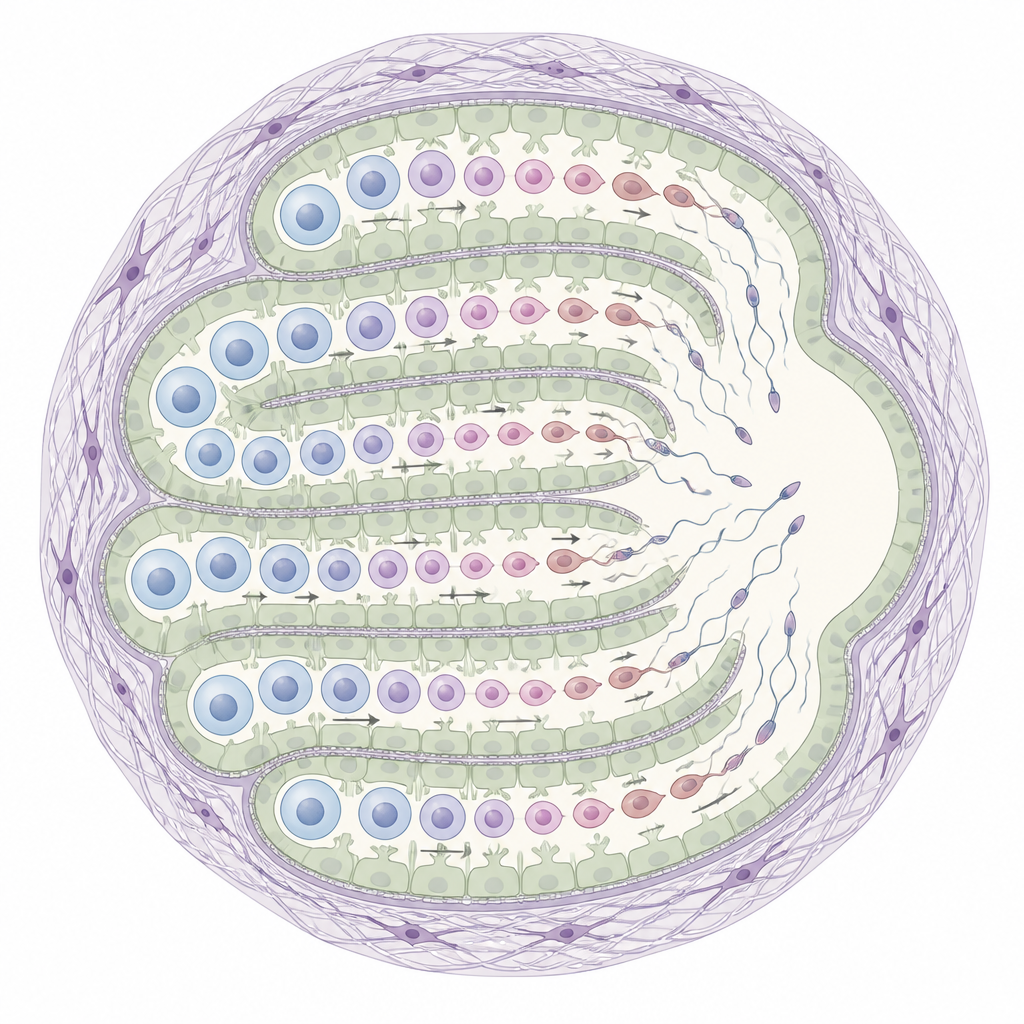 Figure 2. Innerhalb eines Hodenorganoids leiten organisierte Tubuli und Stütz-Zellen Keimzellen schrittweise zu reifen spermienähnlichen Zellen.