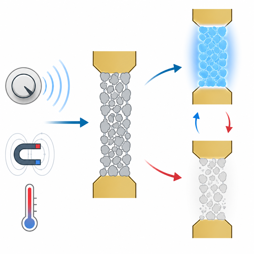 Figure 1. Sintonizzazione radio di un metallo granulare che commuta tra stati superconduttivi e isolanti
