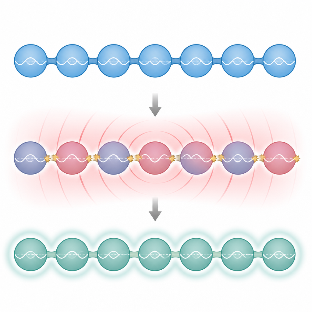 Figure 2. Catena microscopica di granuli che mostra come l'eccitazione radio e la temperatura creano e ristabiliscono l'ordine superconduttivo
