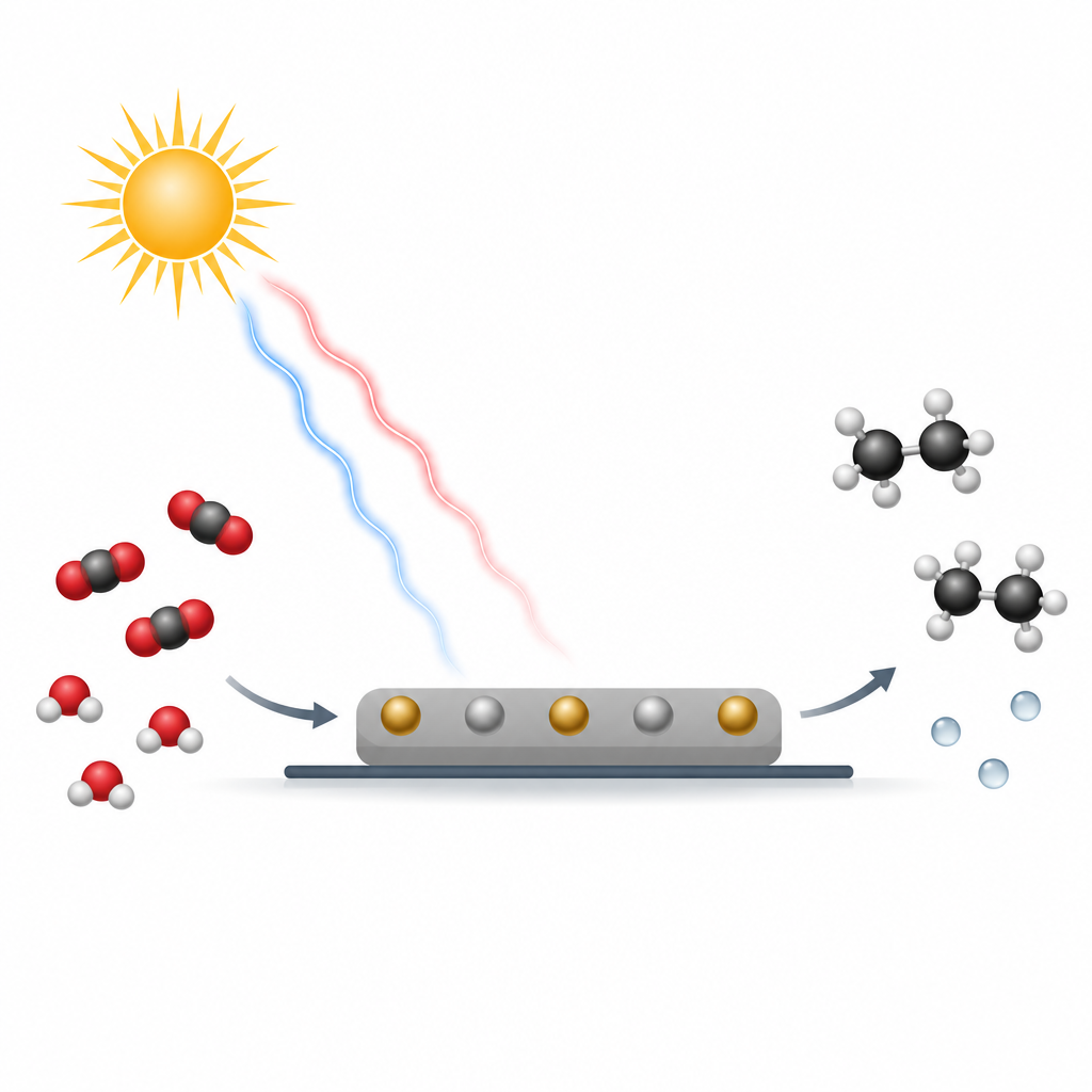 Figure 1. Lichtgesteuerter Katalysator wandelt CO2 und Wasser in Ethan um und bleibt über lange Betriebszeiten aktiv.