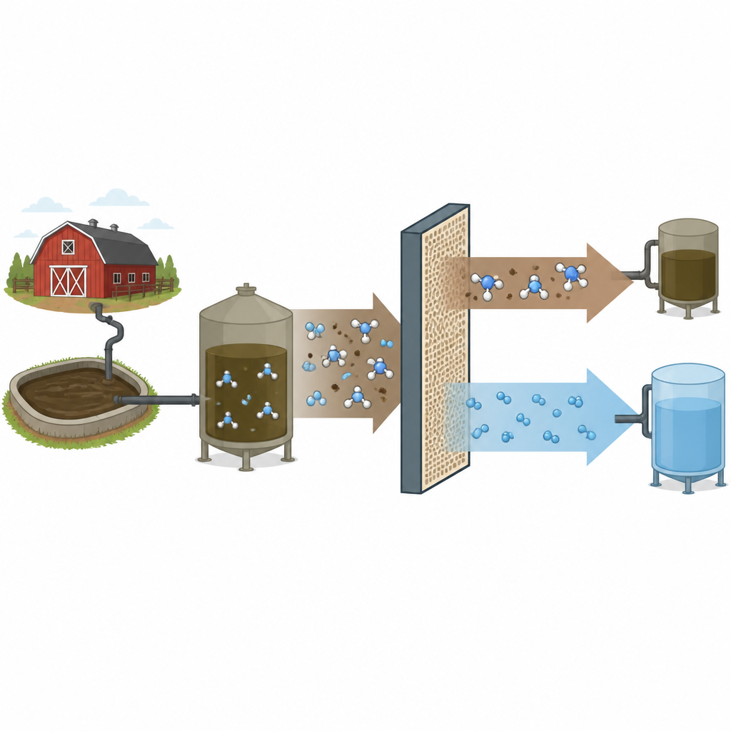 Figure 1. Come l’osmosi inversa trasforma le acque reflue zootecniche ricche di ammoniaca in acqua più pulita e in una corrente concentrata di ammoniaca.