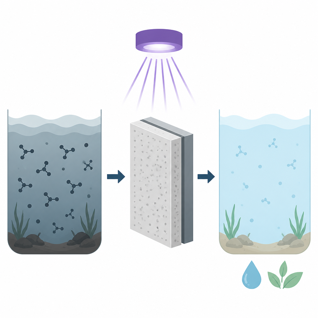 Figure 1. L’acqua inquinata scorre su una superficie elettrodica alimentata dalla luce che estrae e spezza le ostinate “sostanze per sempre”.
