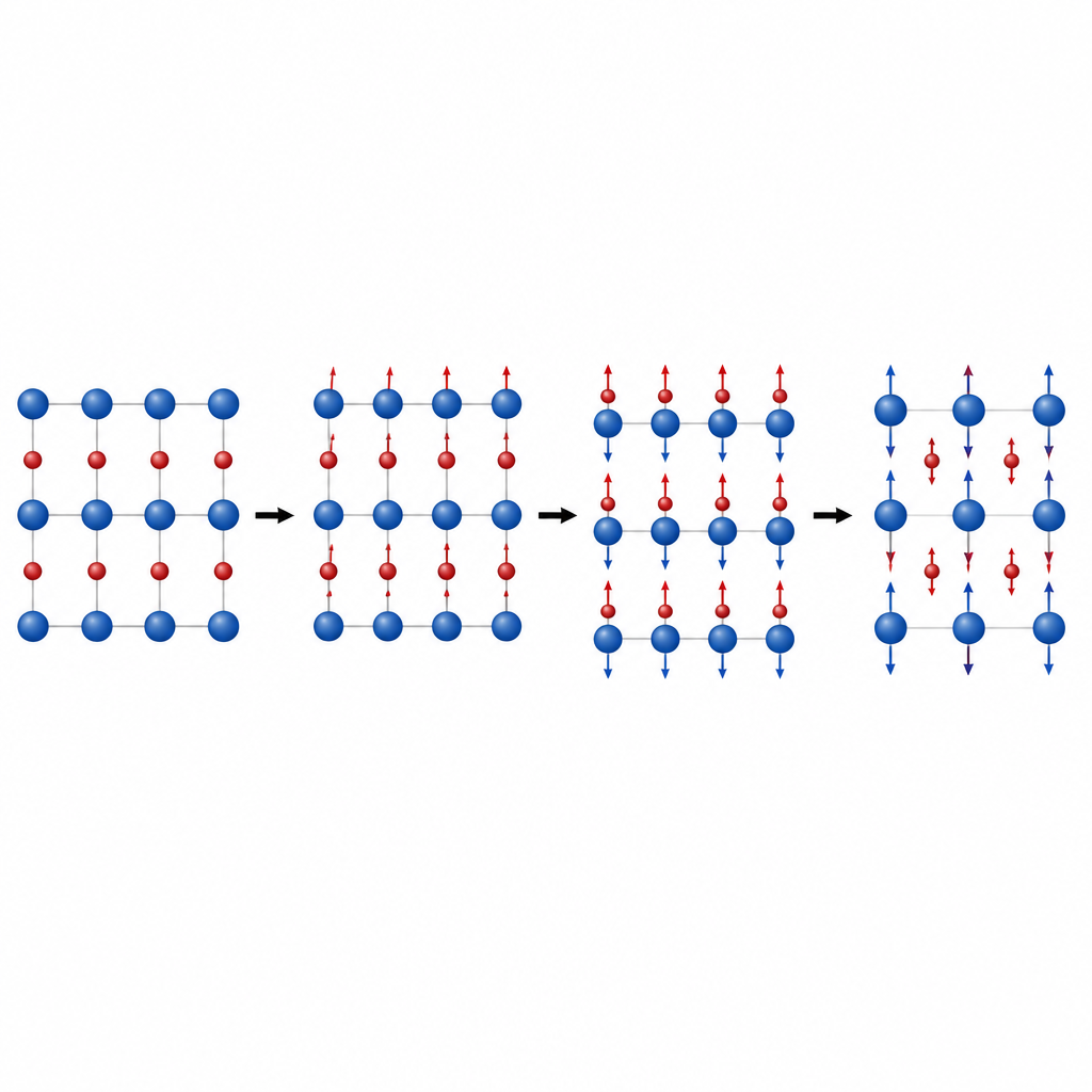 Figure 2. Wie Metall- und Sauerstoffatome nacheinander bewegen, um Hafnia zwischen polarer und unpolarer elektrischer Ordnung zu schalten.