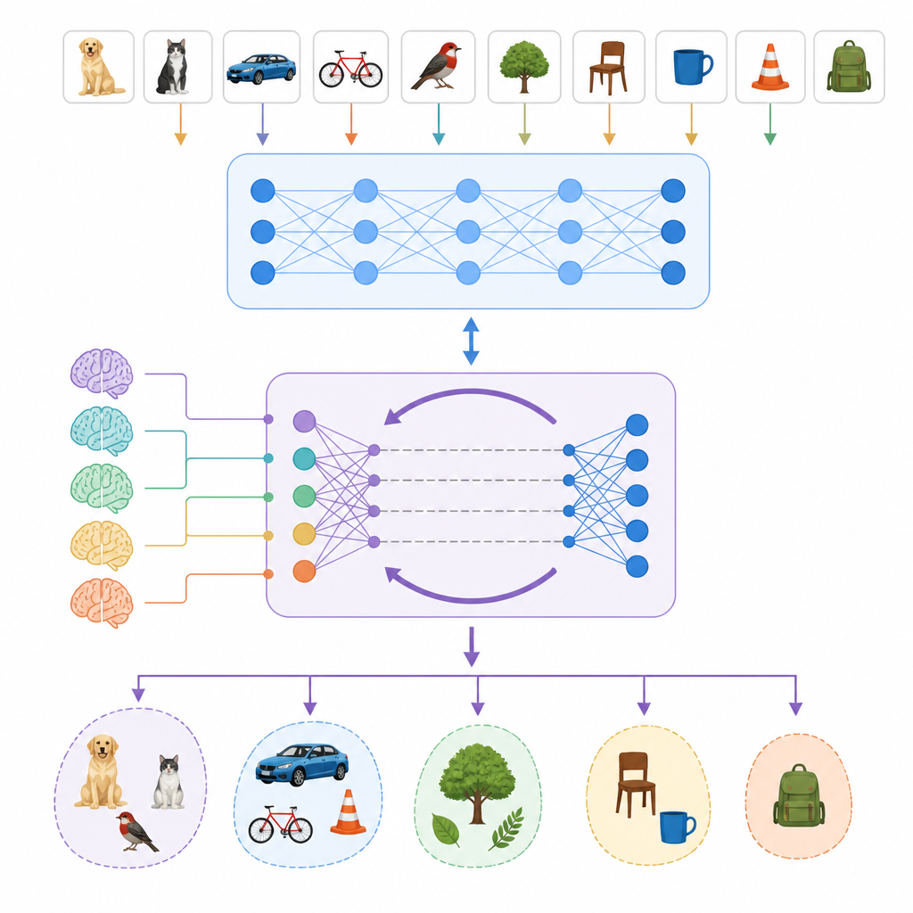 Figure 2. كيف يؤدي محاذاة الذكاء الاصطناعي مع نشاط الدماغ إلى إعادة تشكيل بنيته الداخلية للتعامل بشكل أفضل مع الفئات التجريدية والحالات الجديدة.