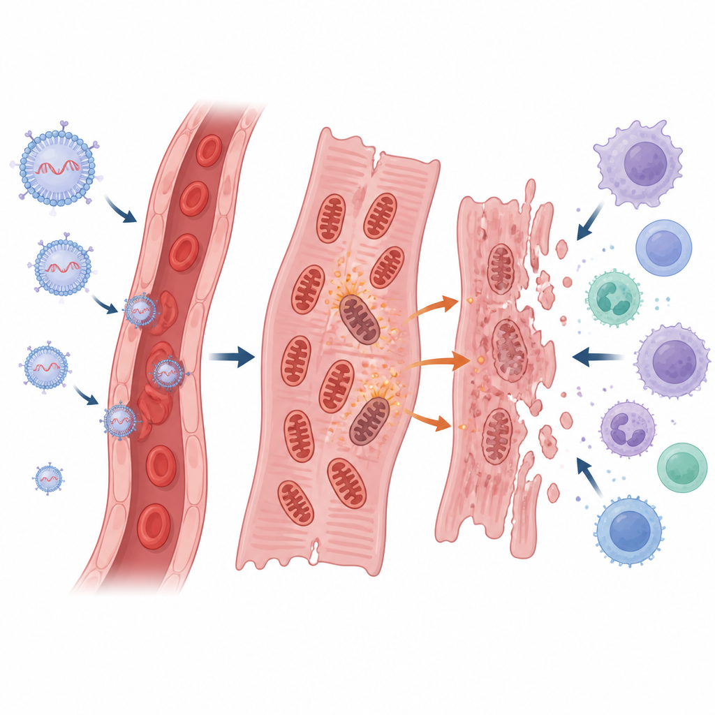 Figure 2. Wie Impfpartikel und fragile Herzmitochondrien oxidativen Stress erzeugen, der entzündlichen Zelltod und Myokarditis auslöst.