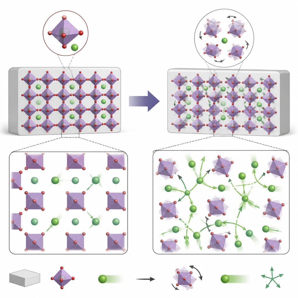 Figure 1. Obracające się grupy atomów w ciele stałym ułatwiają ruch jonów litu jak w cieczy, co poprawia wydajność baterii stałych.