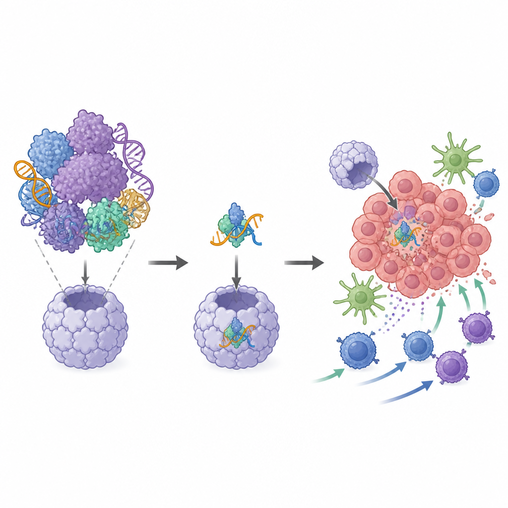 Figure 1. Kleine DNA-zielende Werkzeuge in einem viralen Träger helfen Immunzellen, Tumore effektiver anzugreifen.