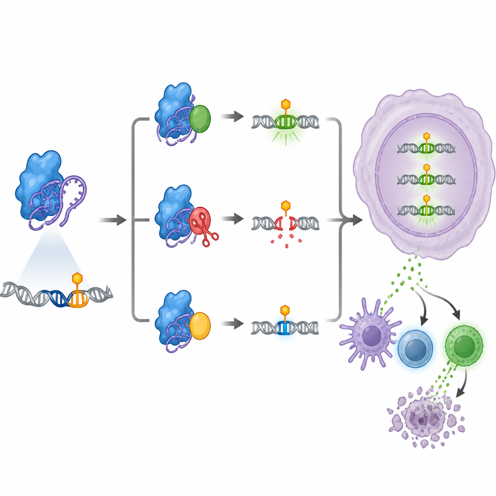 Figure 2. Ein kompaktes, DNA-geführtes Komplex schaltet drei Immungene in Tumoren an, um die T-Zell-Attacke zu verstärken.