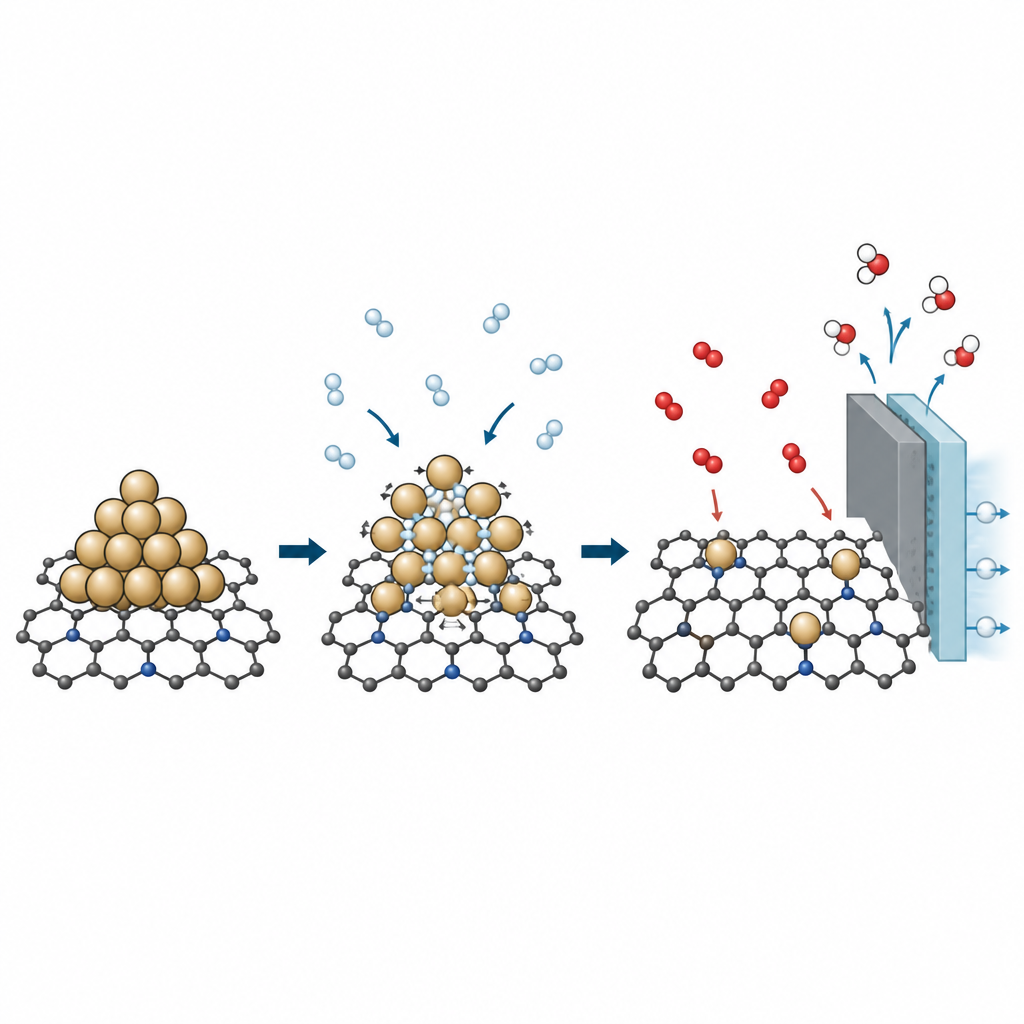 Figure 2. Hydrogen enters a metal cluster, loosens bonds, and leaves single atoms anchored on carbon that speed oxygen to water.