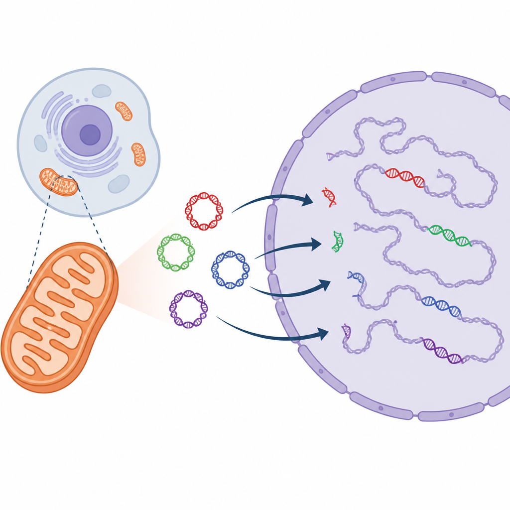Figure 1. How mitochondrial DNA fragments settle into human chromosomes and reshape our genetic landscape over time