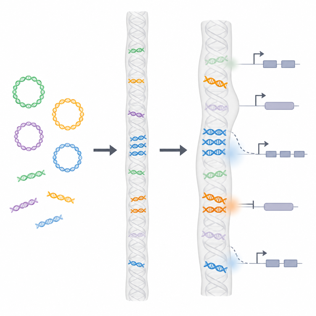 Figure 2. Step-by-step view of mitochondrial DNA pieces inserting into chromosomes, duplicating, and subtly changing nearby gene activity