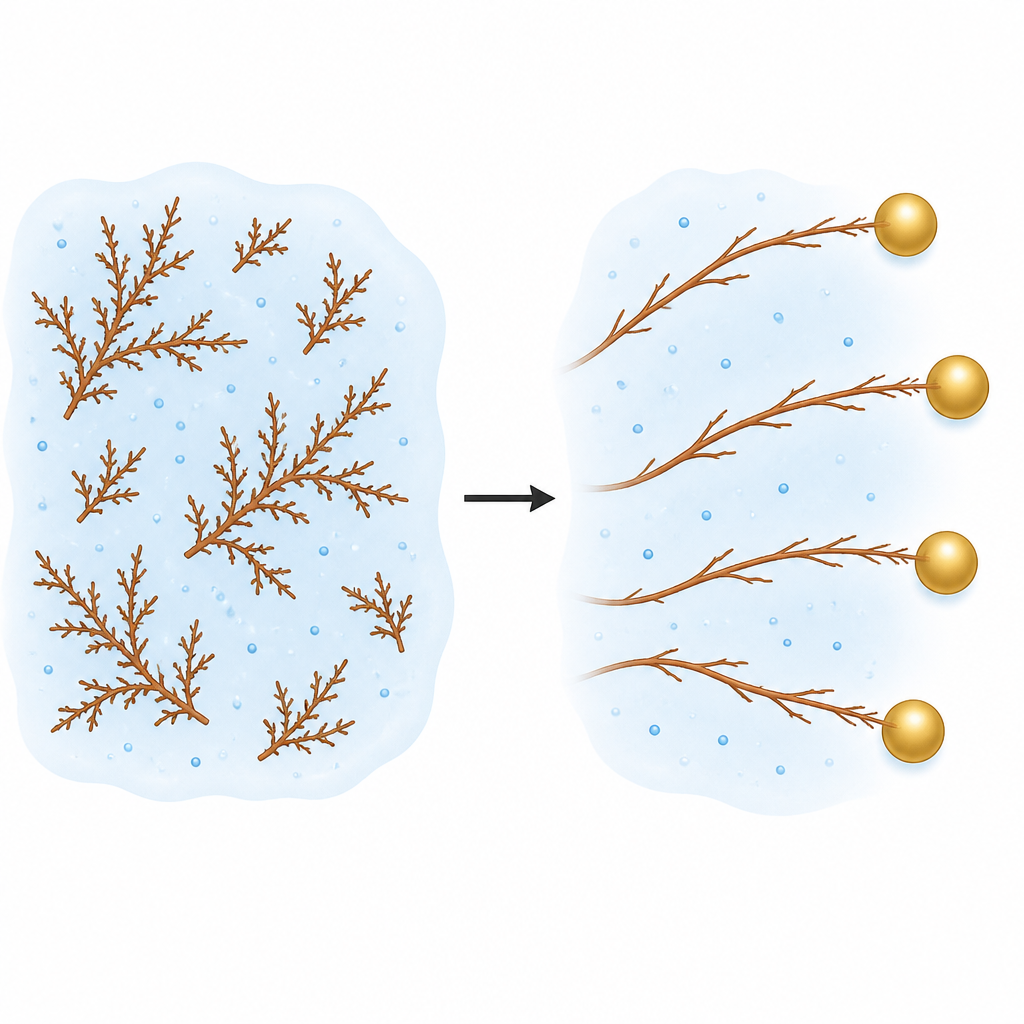 Figure 1. Come piccole ramificazioni simili a ruggine in liquido passano da forme disordinate da “alghe” a percorsi diritti quando sono presenti nanoparticelle d'oro.
