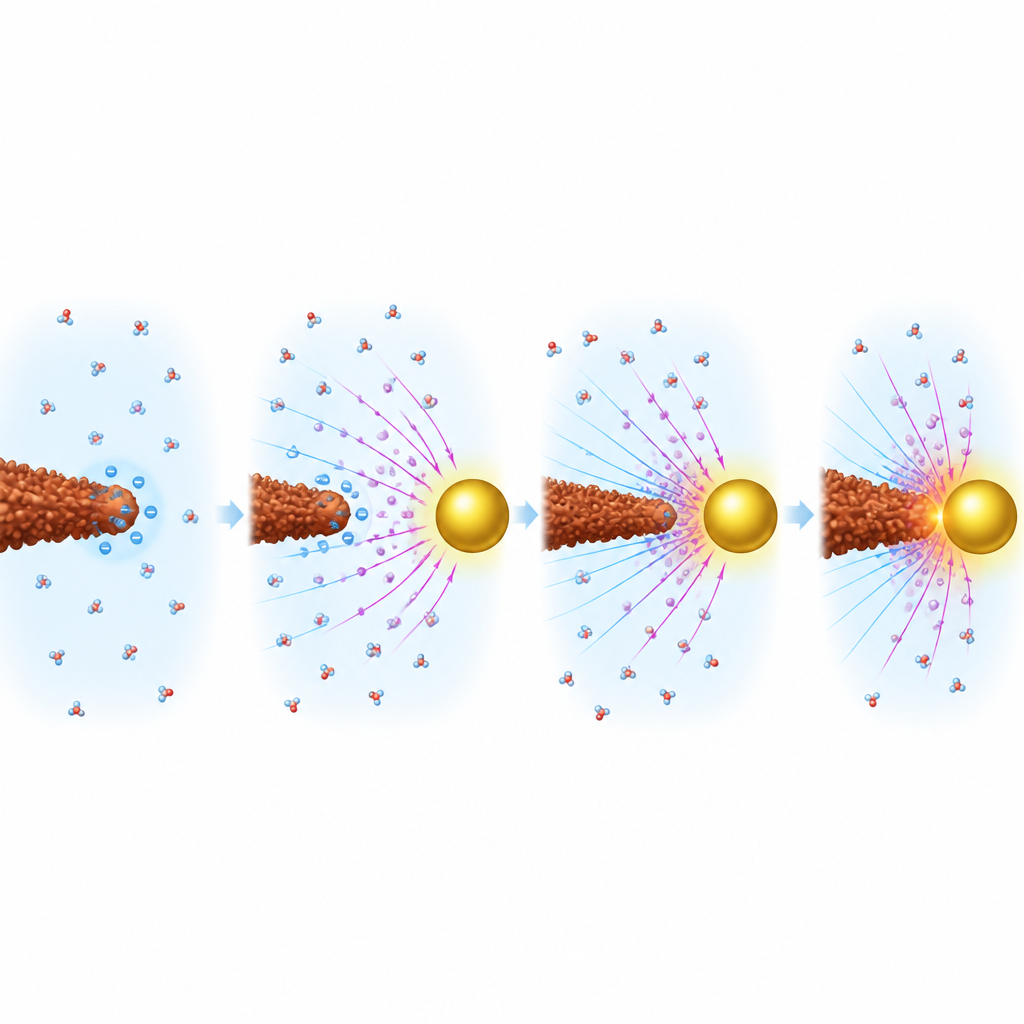Figure 2. Come una trazione elettrica invisibile tra una sfera d'oro e una punta di ossido di ferro attrae i reagenti e accelera la crescita della ramificazione verso la sfera.