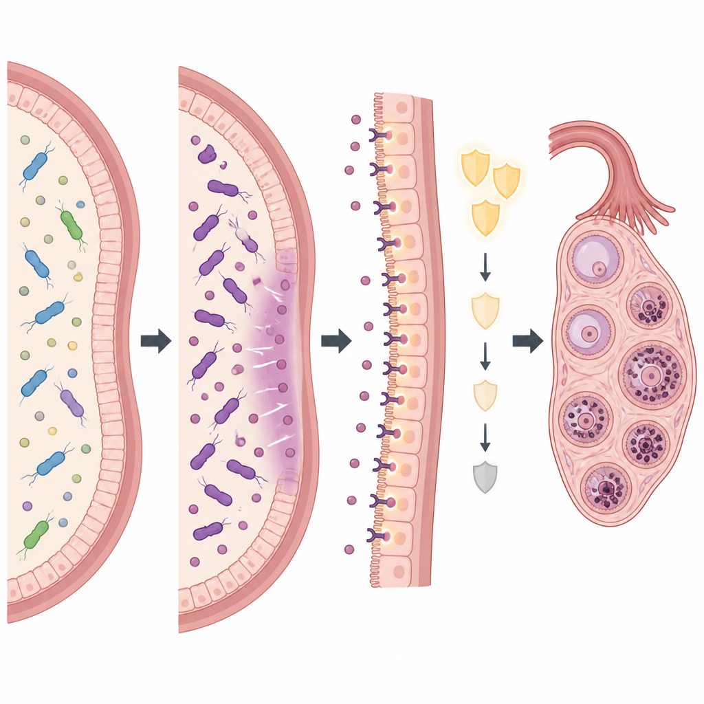 Figure 2. Stepwise chain from gut sugar to bacteria, bile changes, gut sensor, and ovarian cell damage in PCOS.