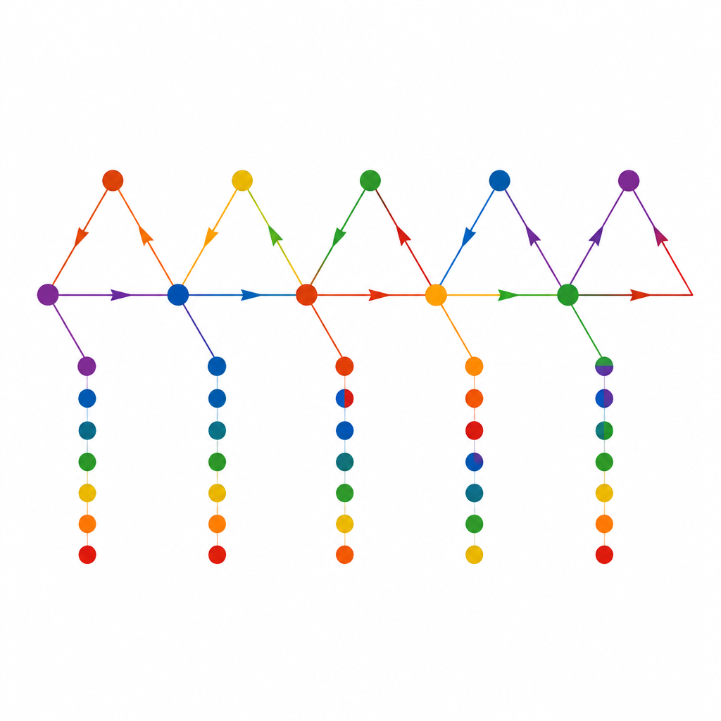Figure 2. Come le particelle che percorrono percorsi triangolari nel reticolo avvertono flussi nascosti non commutativi che generano stati di bordo protetti