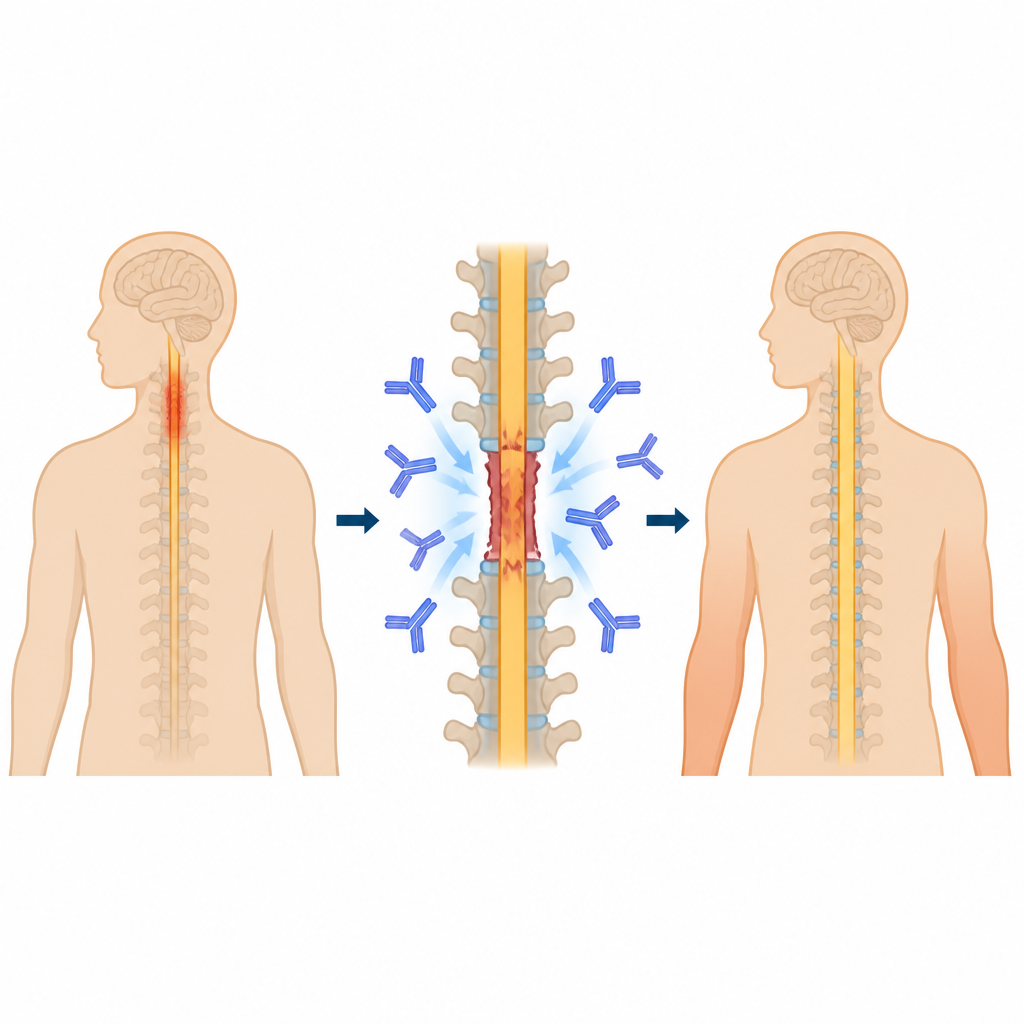 Figure 1. Hoe een antilichaambehandeling het beschadigde ruggenmerg kan beschermen en de armfunctie na een nekletsel kan verbeteren.