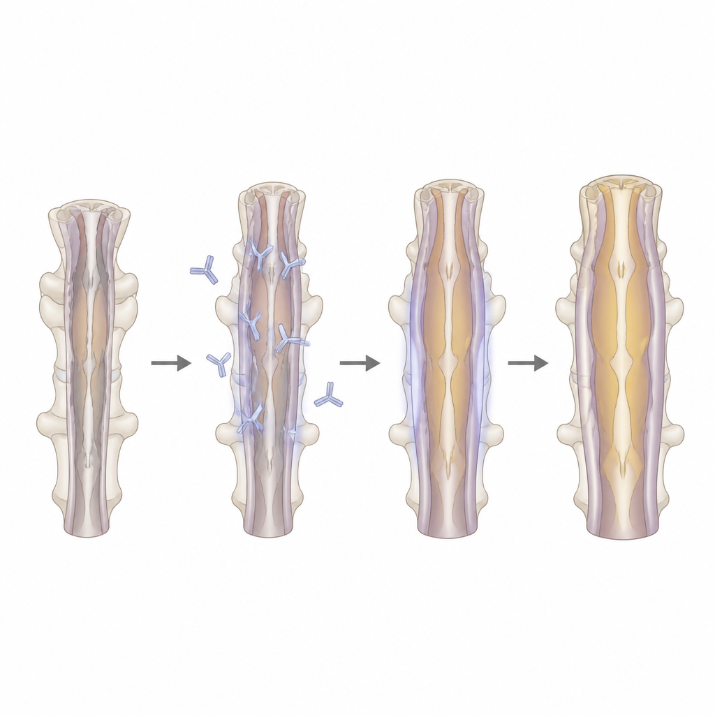 Figure 2. Stapsgewijze weergave van hoe een antilichaam helpt een beschadigd cervical ruggenmerg zijn dikte en interne zenuwbanen in de loop van de tijd te behouden.