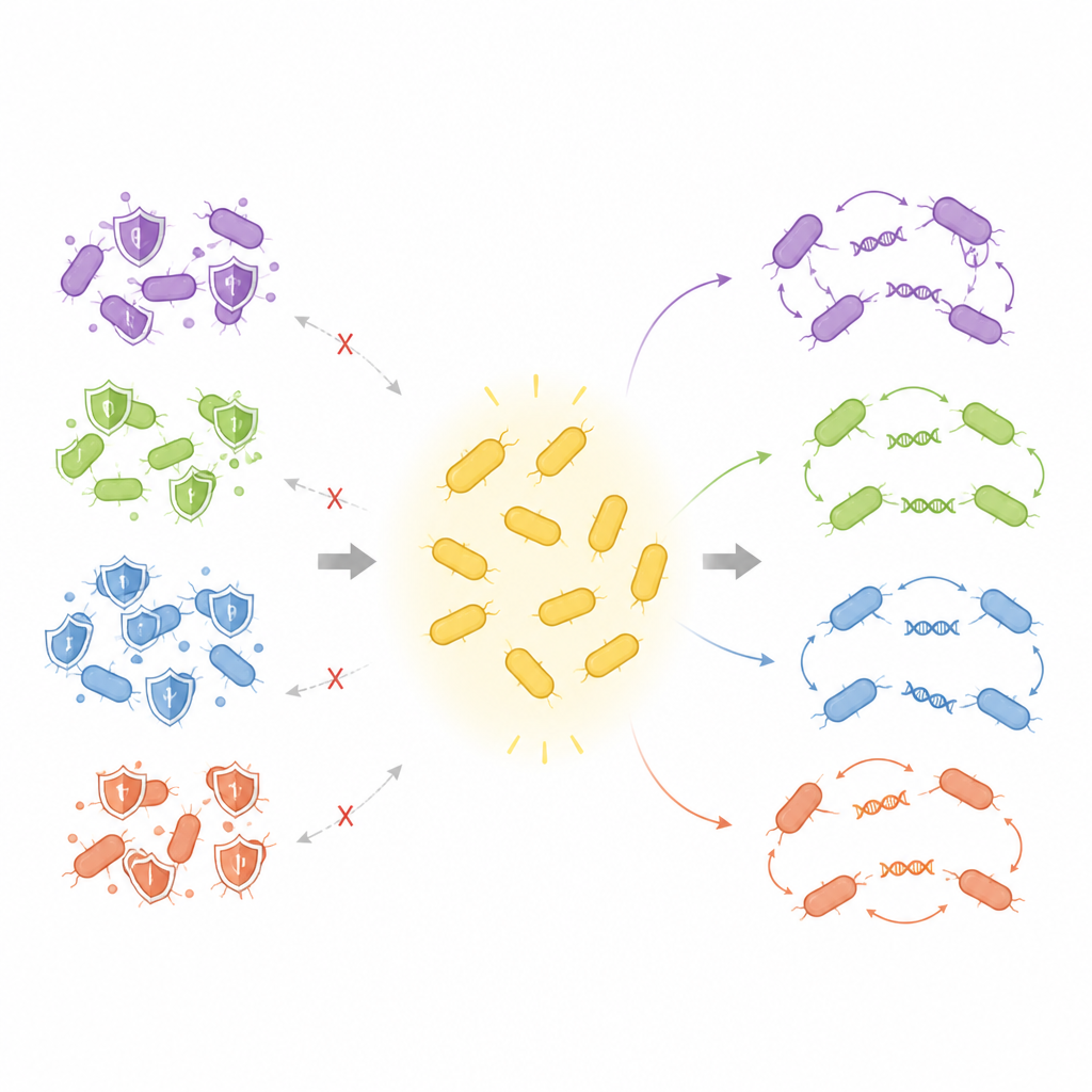 Figure 1. Einige Bakterien mit geschwächten Abwehrmechanismen wirken als Pforten, durch die neue Gene zwischen bakteriellen Familien verbreitet werden.