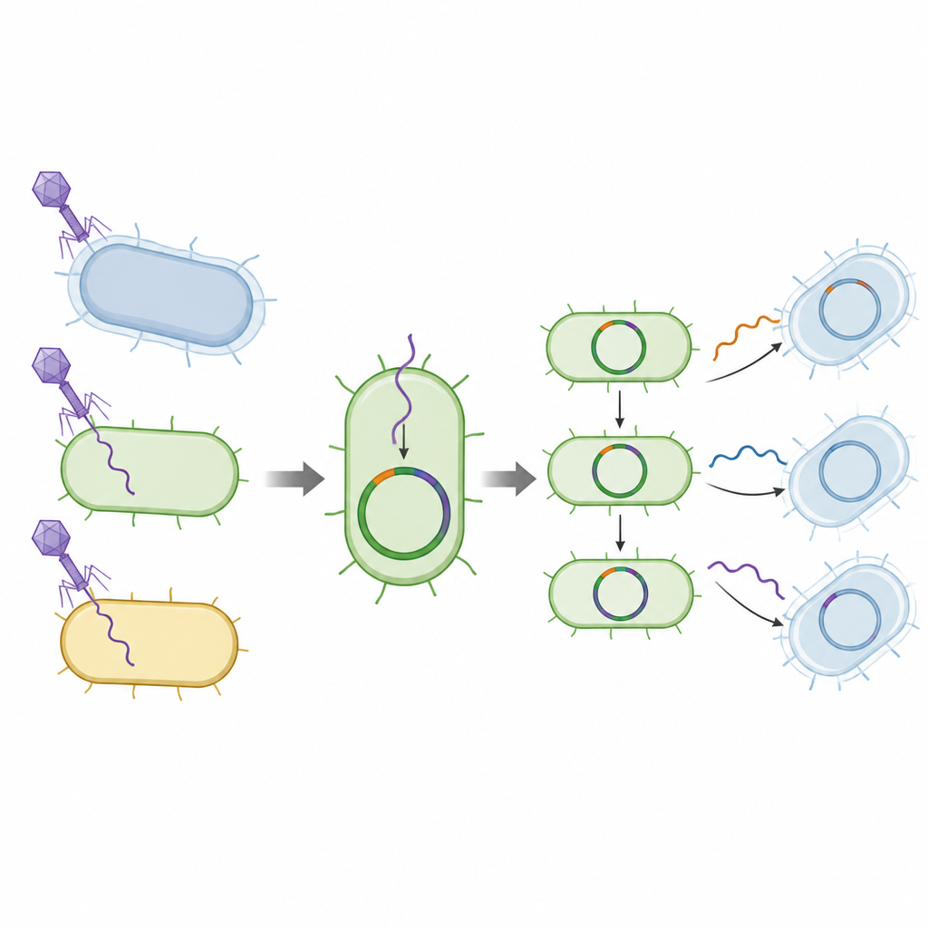 Figure 2. Viren liefern DNA in verteidigungs-schwache Bakterien, die dann nützliche Gene an besser geschützte Verwandte weitergeben.