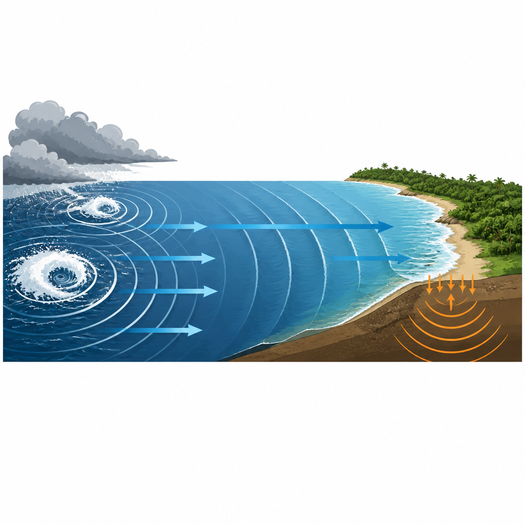 Figure 1. How distant ocean storms send swells that make hidden structures under the Gulf of Guinea ring like a slow heartbeat.
