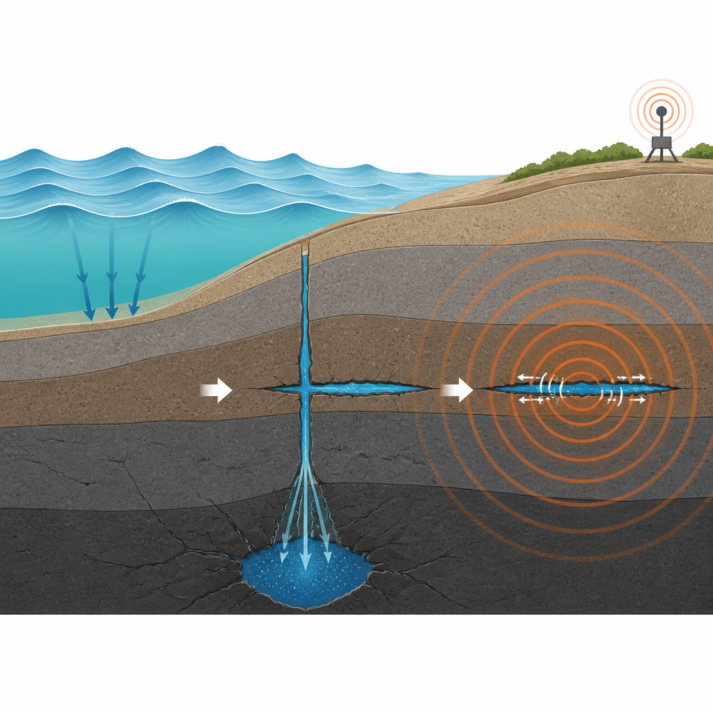 Figure 2. How incoming swells focus energy into fluid-filled cracks beneath the seafloor, turning gentle waves into steady seismic tones.