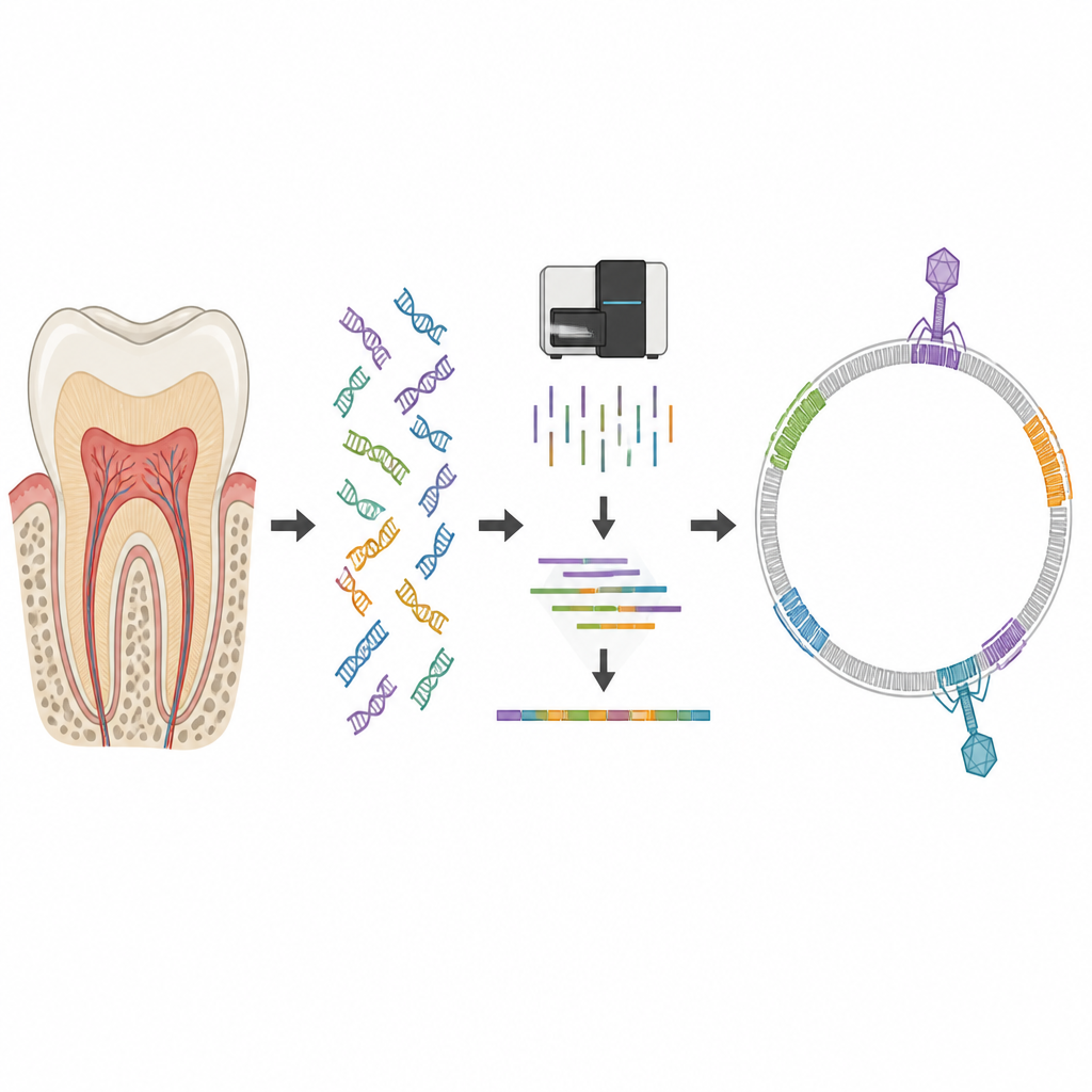 Figure 2. Schritt-für-Schritt-Ansicht der DNA-Entnahme aus einem Zahn und des Zusammenbaus eines antiken Streptokokken-Genoms.