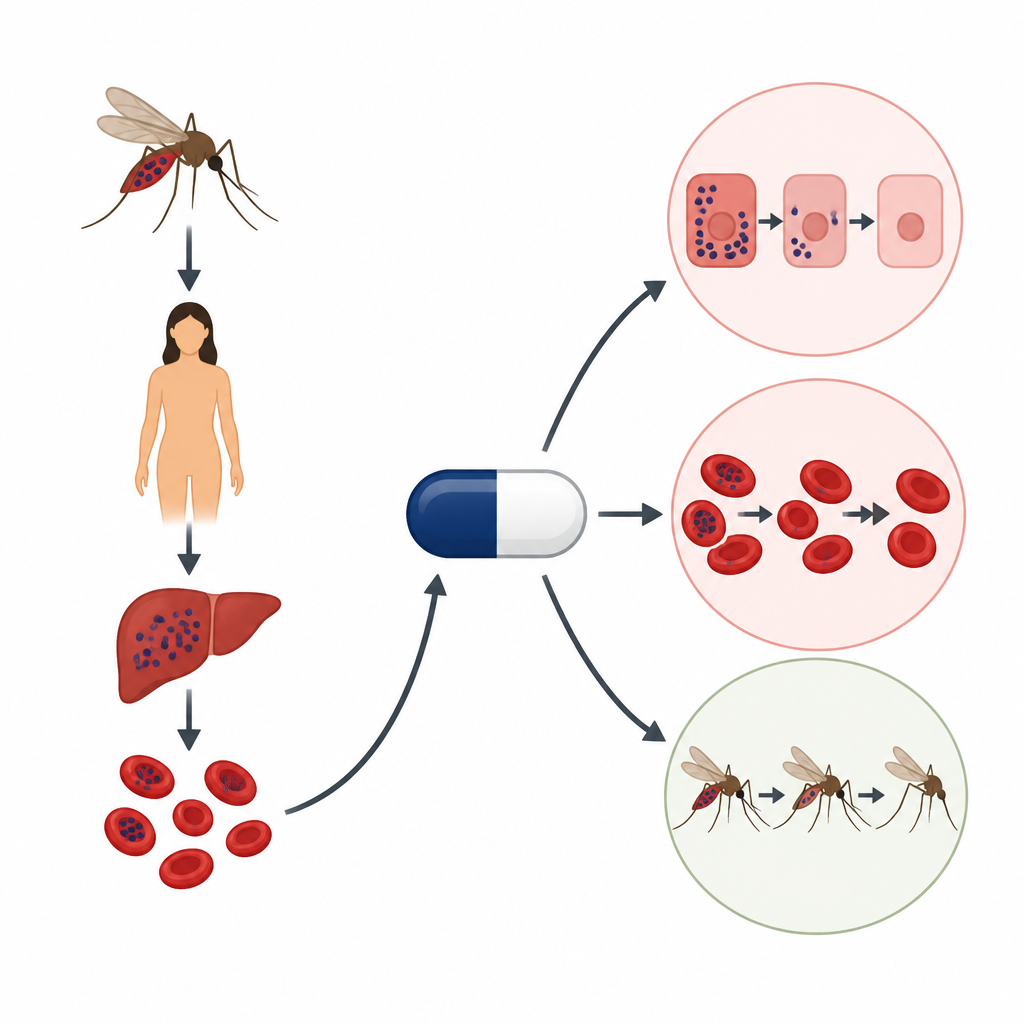 Figure 1. 感染を治療し拡散を阻止するために、肝臓・血中・蚊内のマラリア原虫を単一薬で同時に攻撃する。