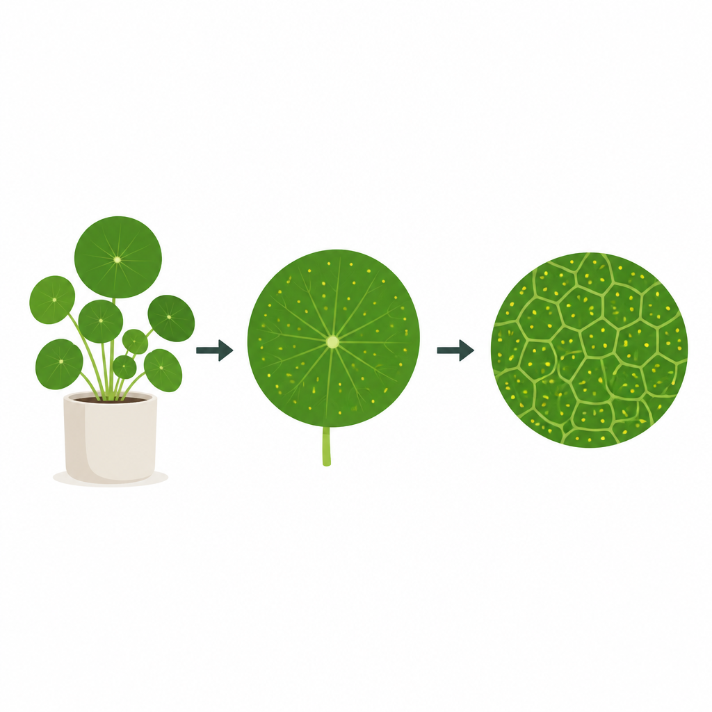 Figure 1. Hoe een kamerplantblad zichzelf in nervenlussen verdeelt rond kleine waterporiën met een eenvoudige geometrische regel