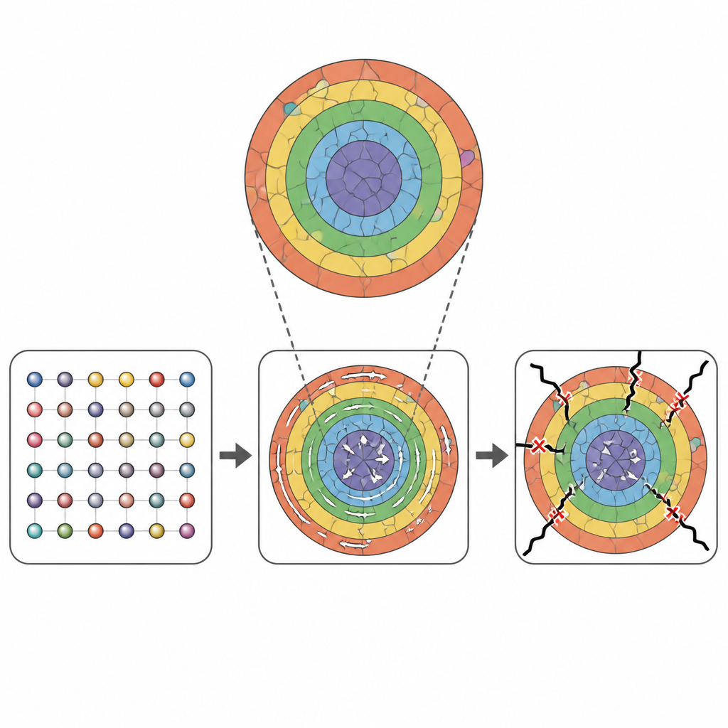 Figure 2. Как атомное смешение, зерна с ядро-оболочечной структурой и заблокированные пути пробоя совместно позволяют керамике удерживать больше энергии.
